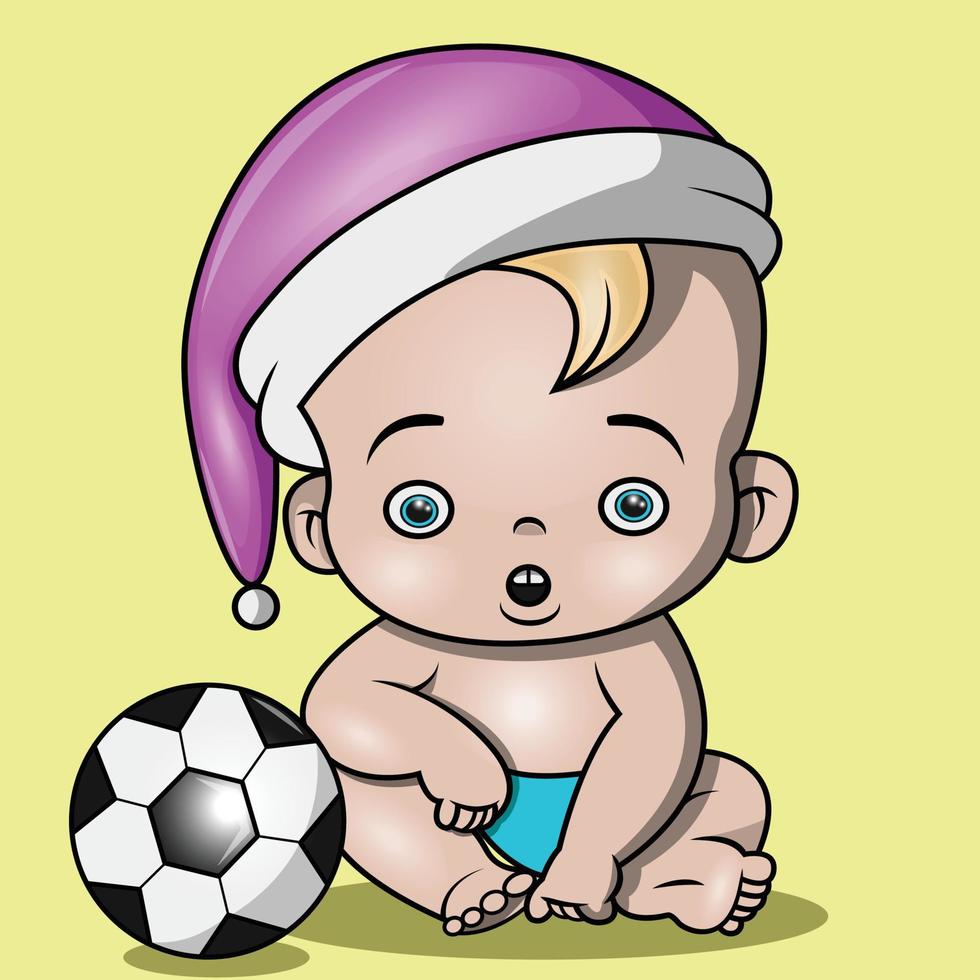 een schattige baby met een kerstmuts en zijn bal vector