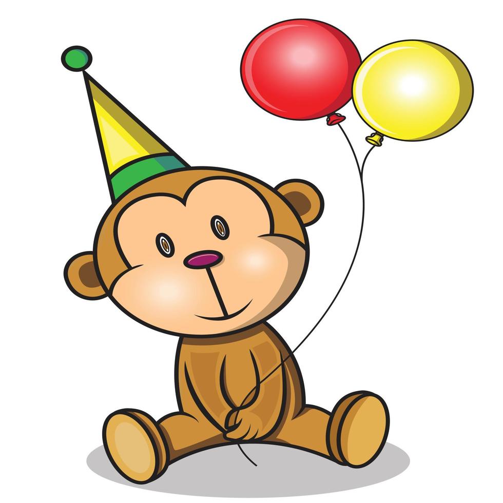 een schattige aap met een kegelvormige hoed houdt twee ballonnen vast vector