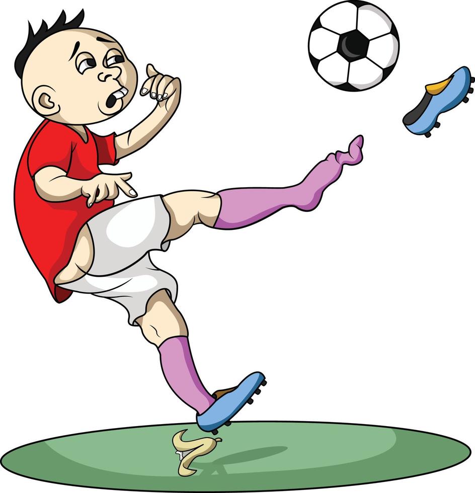 een voetballer trekt zijn schoen uit terwijl hij tegen de bal trapt vector