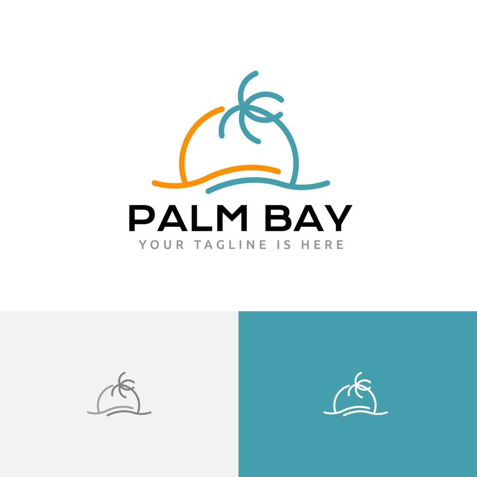 zon palm baai strand kust zee eiland natuur tour reizen lijn logo vector