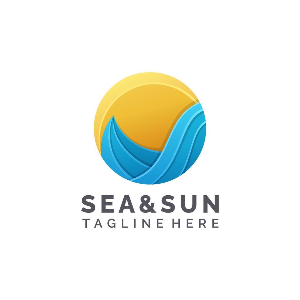 zee en zon buiten kleurrijk logo-ontwerp vector