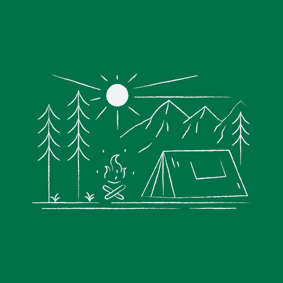 landschapsontwerp van bergen en kamp in monolijnkunst, patch-badgeontwerp, embleemontwerp, t-shirtontwerp vector