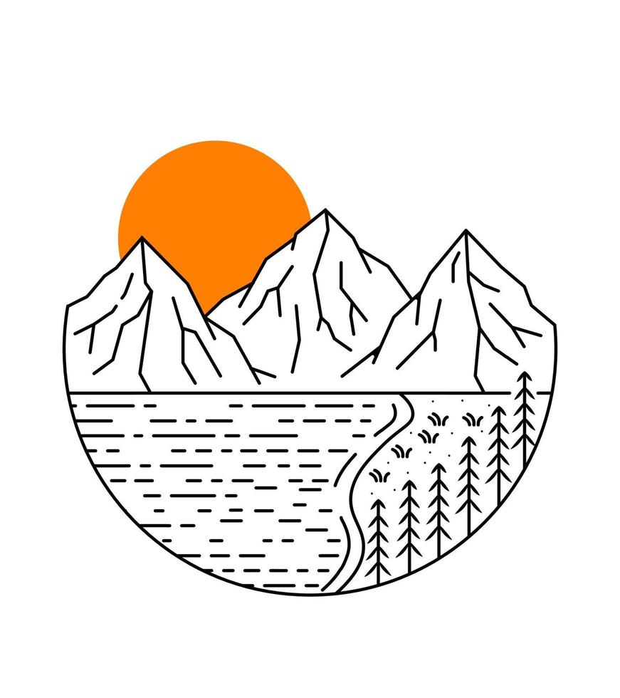 monolijnontwerp van uitzicht op de bergen en het meer bij zonsopgang vector