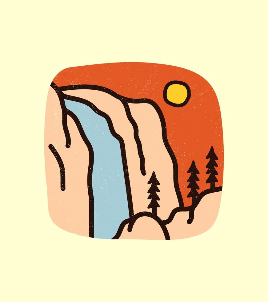 bovenste yosemite-watervallen en halve koepelontwerp met grunge-textuur voor t-shirtsontwerp, insignes, embleem, glazen, kopjes, smartphone, pinnen en andere vector