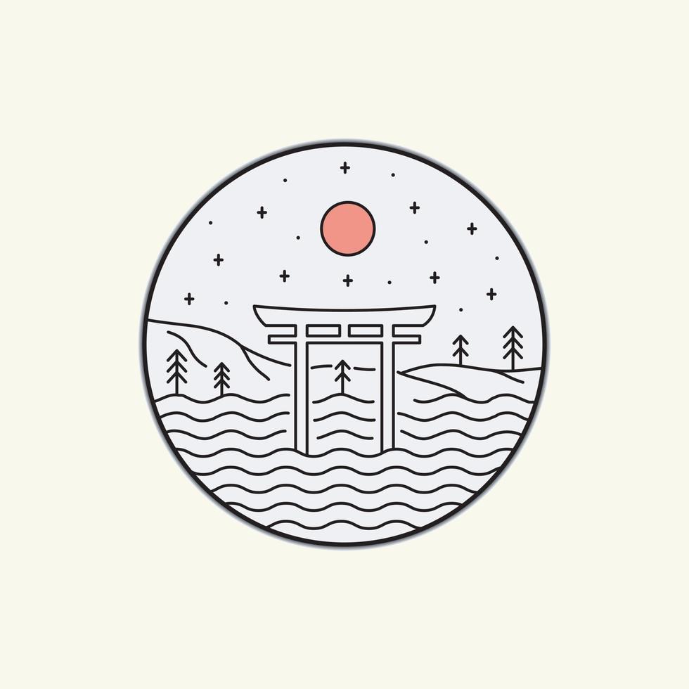 Japan landmark poort in mono lijntekeningen, badge patch pin grafische illustratie, vector kunst t-shirt design