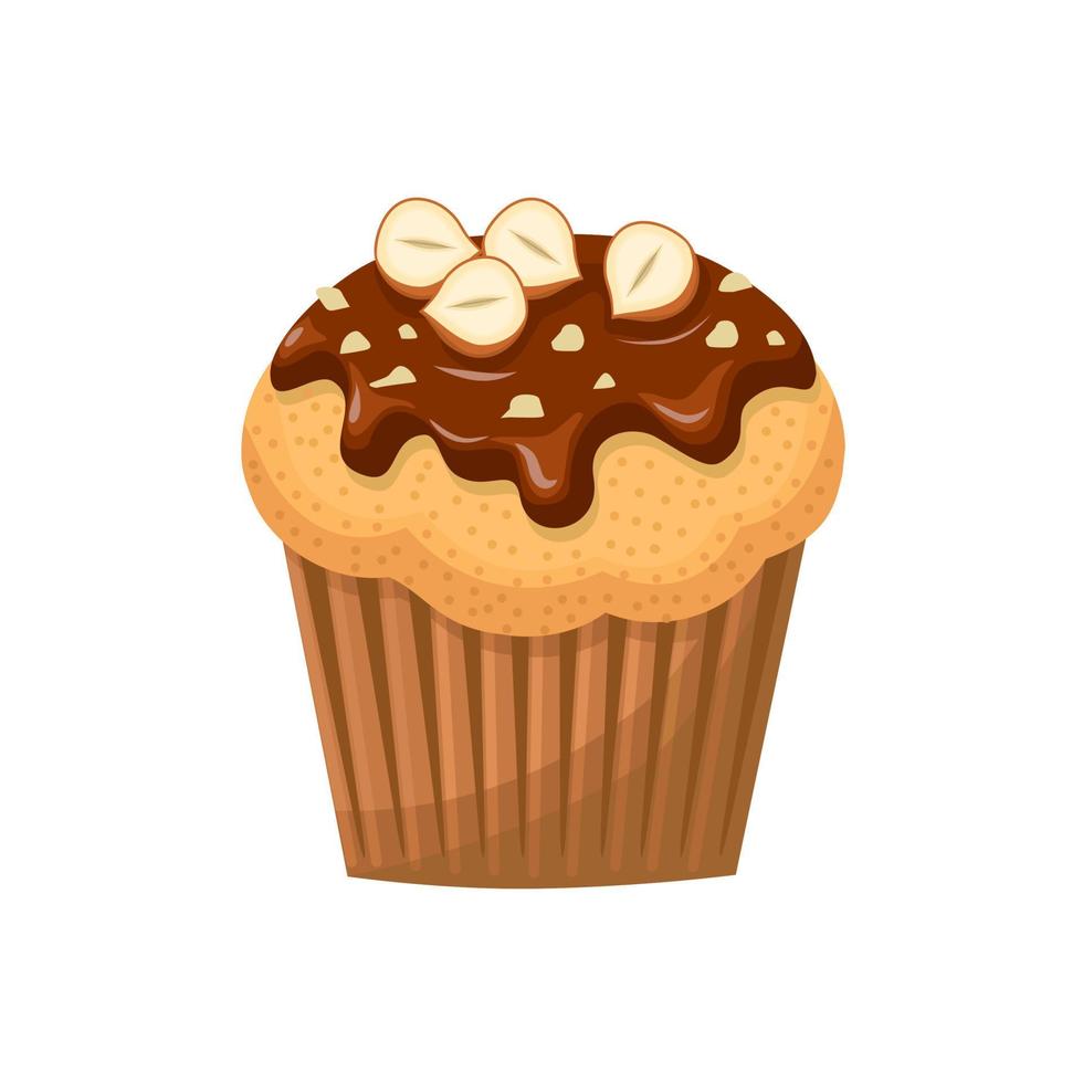 vectorillustratie, cupcake met chocoladeroom en hazelnoot topping, geïsoleerd op een witte achtergrond, sjabloonontwerp voor nationale hazelnoottaart dag advertentie en banner. vector