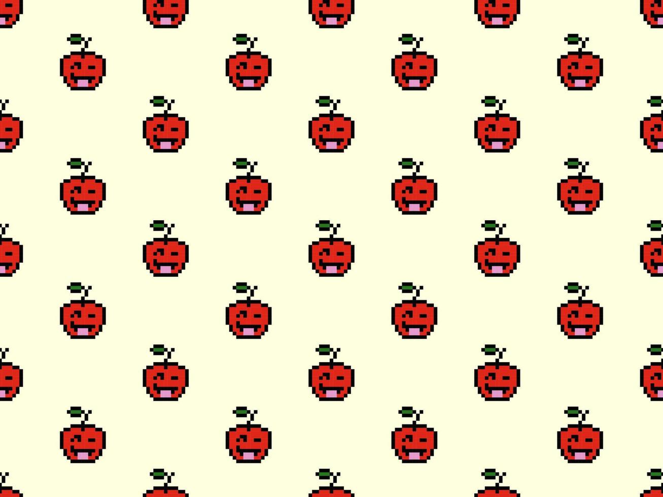 Apple cartoon karakter naadloze patroon op gele achtergrond. pixelstijl. vector