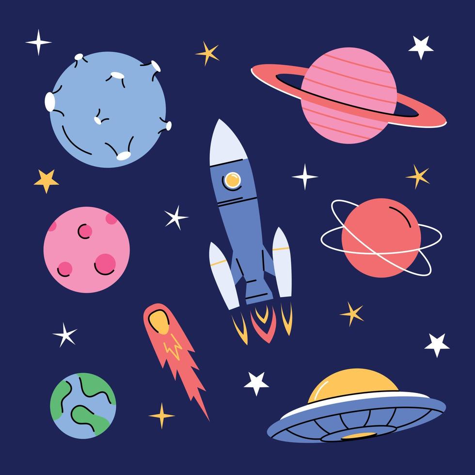 cartoon ruimte set. raket, planeten, maan, komeet, satellietplaneten en sterren. meteoriet en ruimteschip. vector