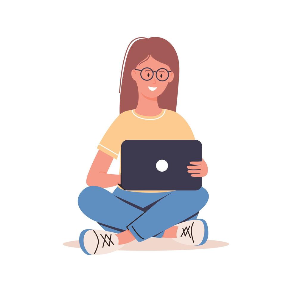 vrouw of meisje zitten en werken op laptop. thuis werken, freelancen. vector