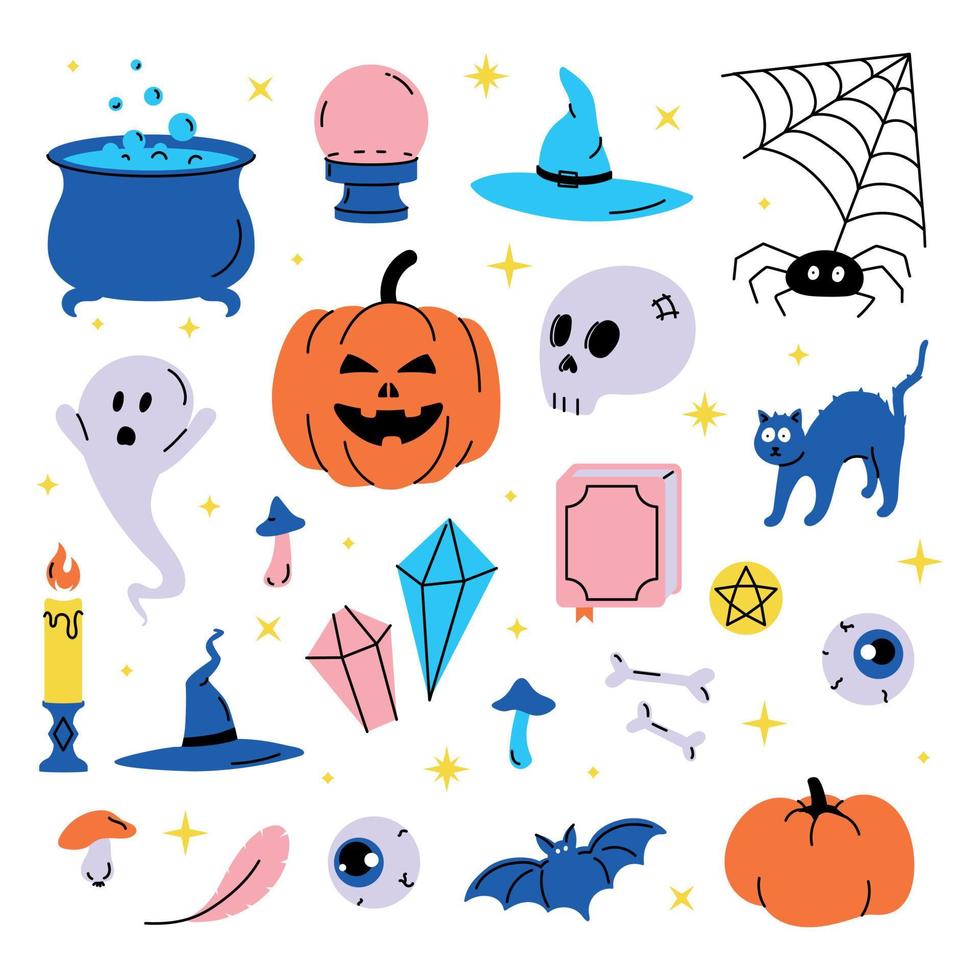 set vectorillustratie van trendy schattige halloween trick or treat ontwerpelementen, zoals vleermuis, botten, pompoenen, katten en meer. vector