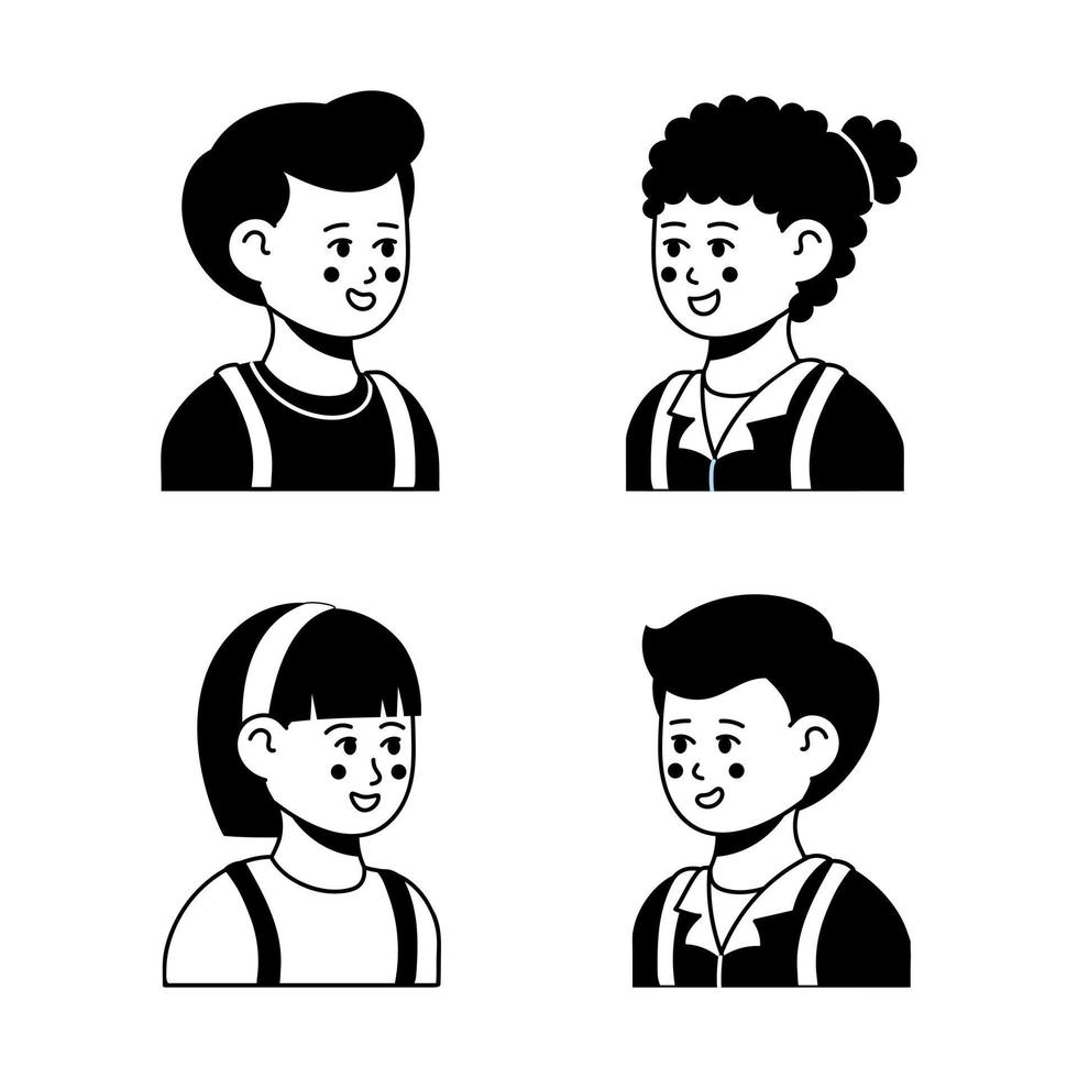 set van kinderen avatars. terug naar school. bundel lachende gezichten van jongens en meisjes met verschillende kapsels en etniciteiten. vector