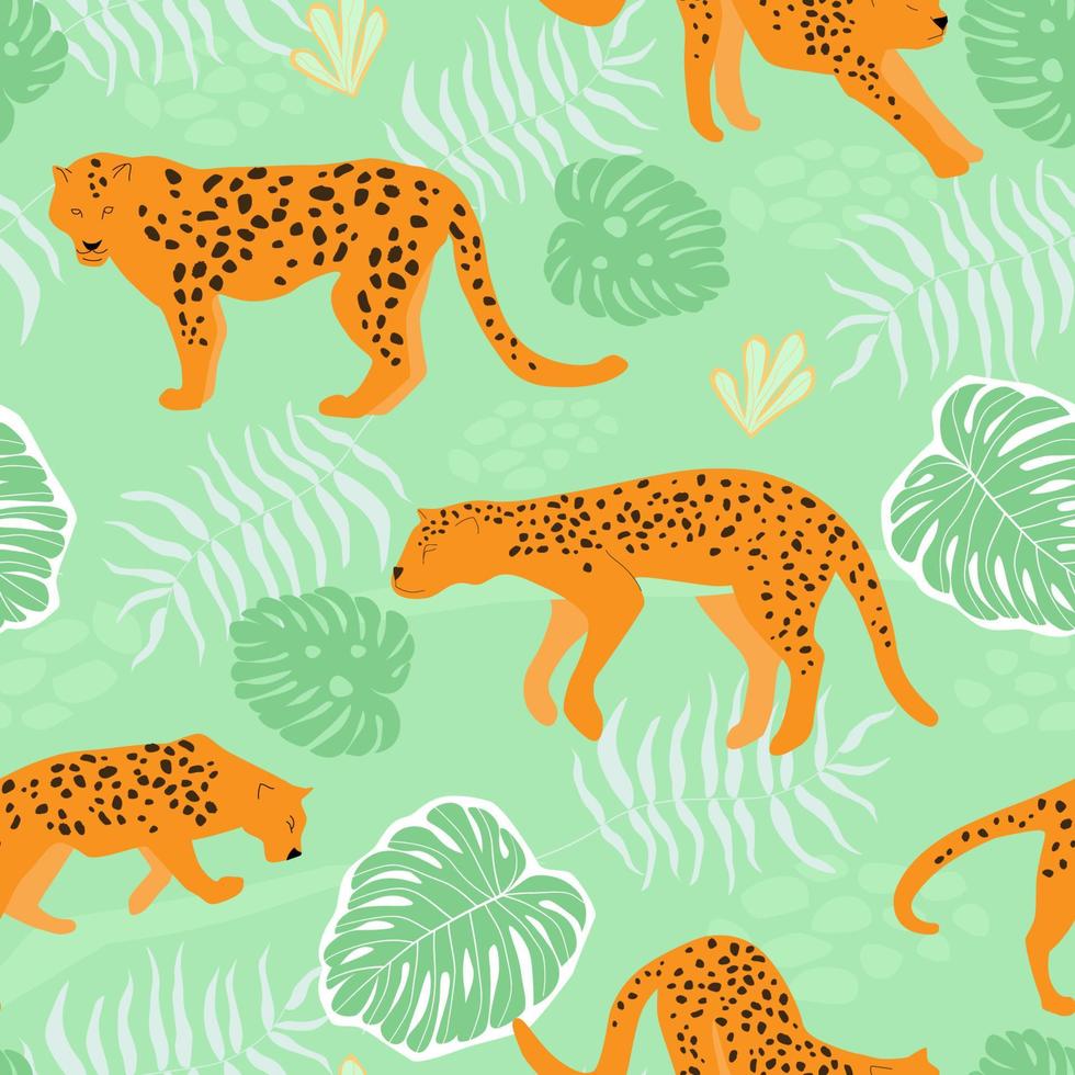 naadloos patroon met wilde dieren gevlekte luipaarden op de achtergrond van tropische jungle palmbladeren. vectorafbeeldingen. vector