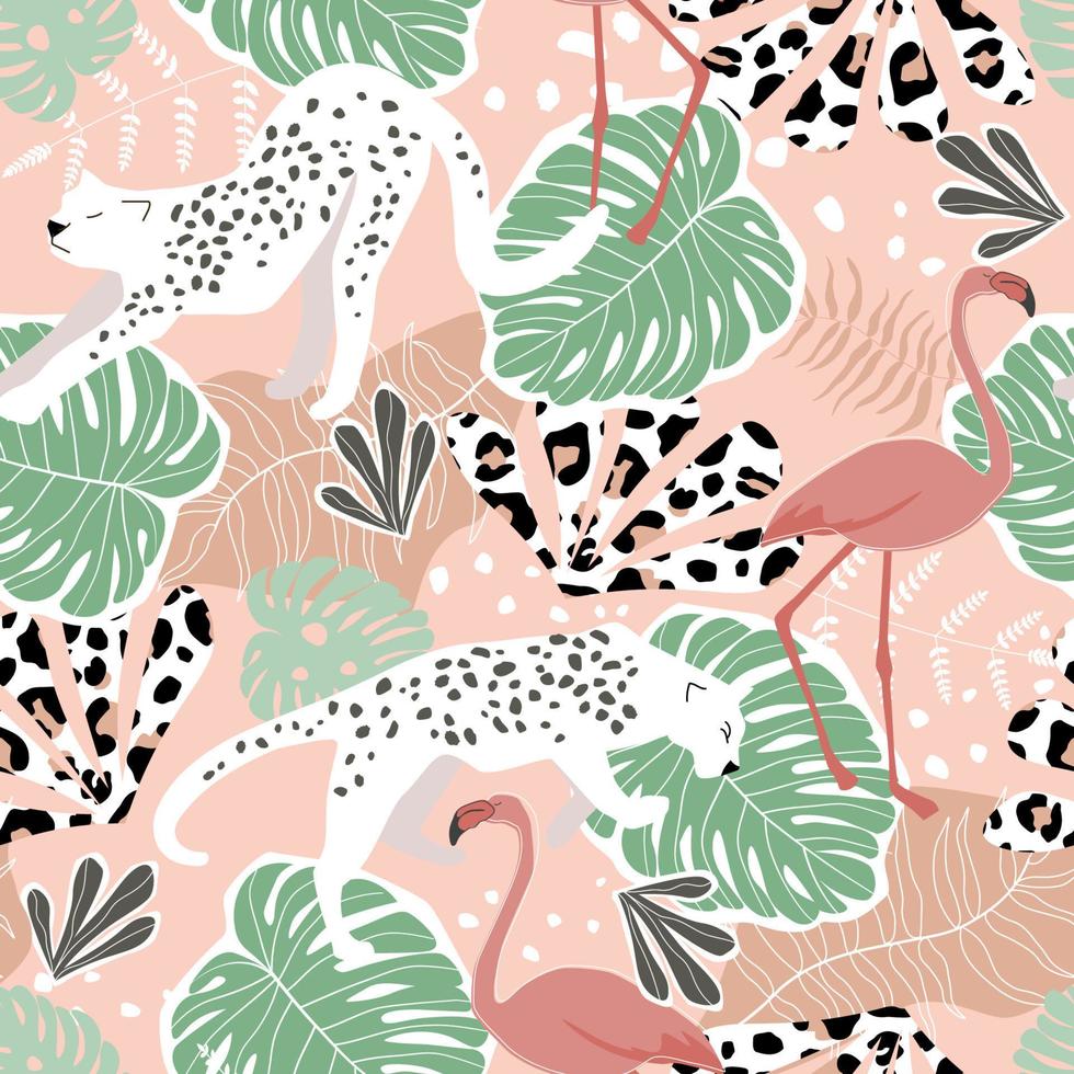 naadloos patroon met tropisch exotisch ornament met palmbladeren, flamingo's, vogels en luipaard. zomer abstracte dierenprint. vectorafbeeldingen. vector