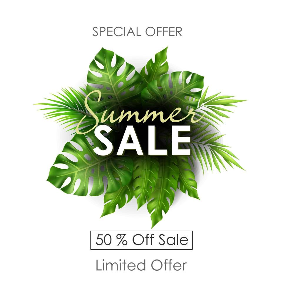 zomer verkoop achtergrond met groene tropische bladeren vector