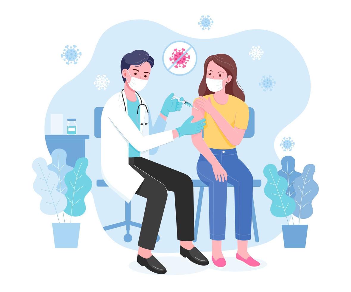 vaccin concept illustratie. arts helpt bij het injecteren van een vaccinspuit bij een geduldige vrouw. vector