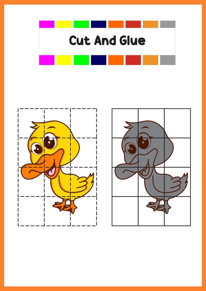 knip en lijm schattige eend. educatief spel voor kinderen. vector