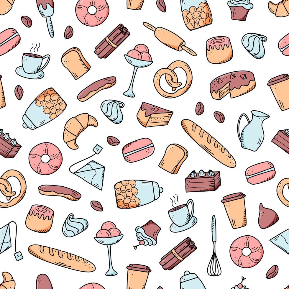 naadloze patroon vectorelementen van zoete snacks en gebak, koffiegerechten. uitstekend geschikt voor het decoreren van cafés en menu's. doodle pictogramstijl vector