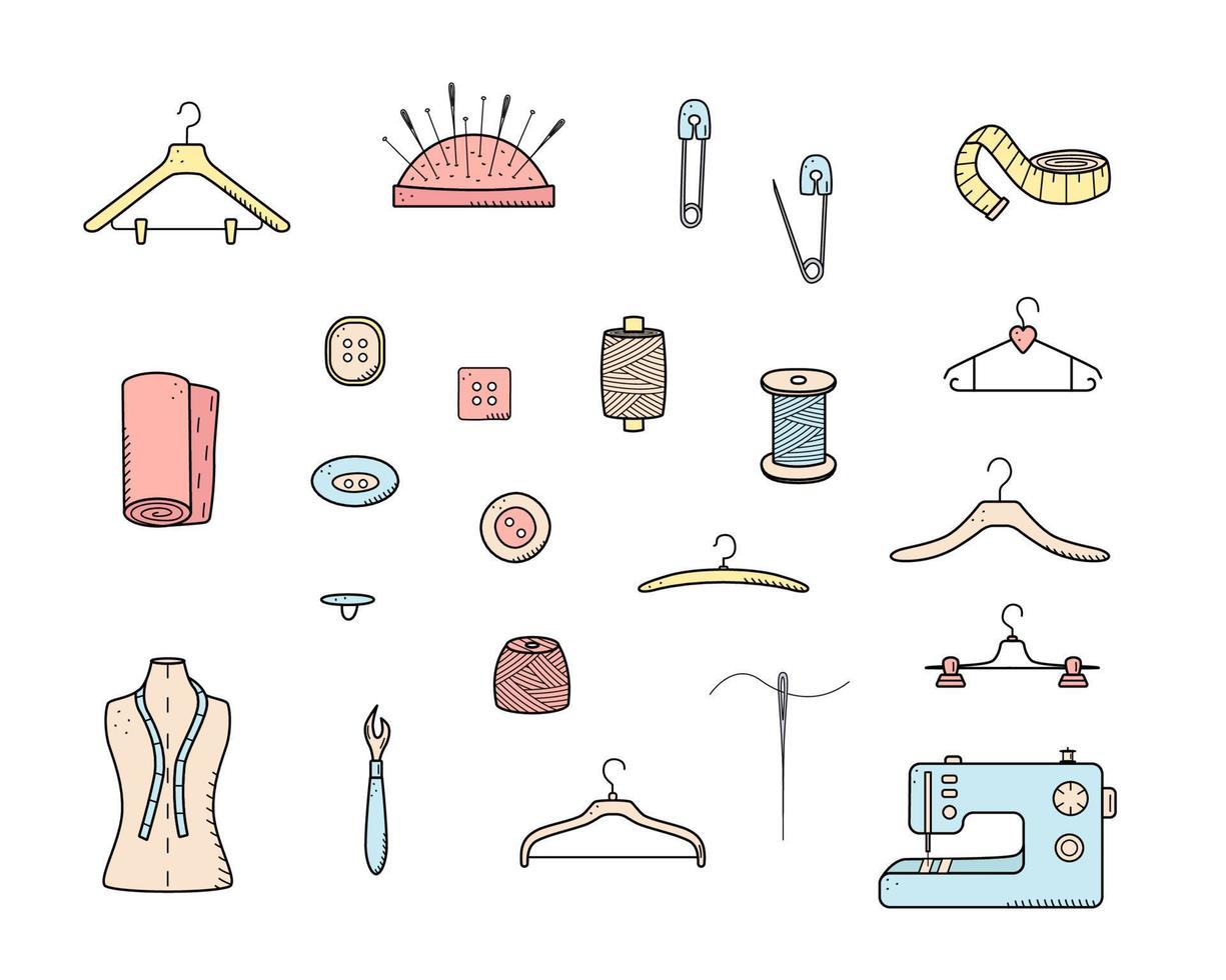 hulpmiddelen voor naaien en handwerken. doodle pictogrammenset afstemming, vector illustratie draad naalden mannequin naaimachine hangers knoppen