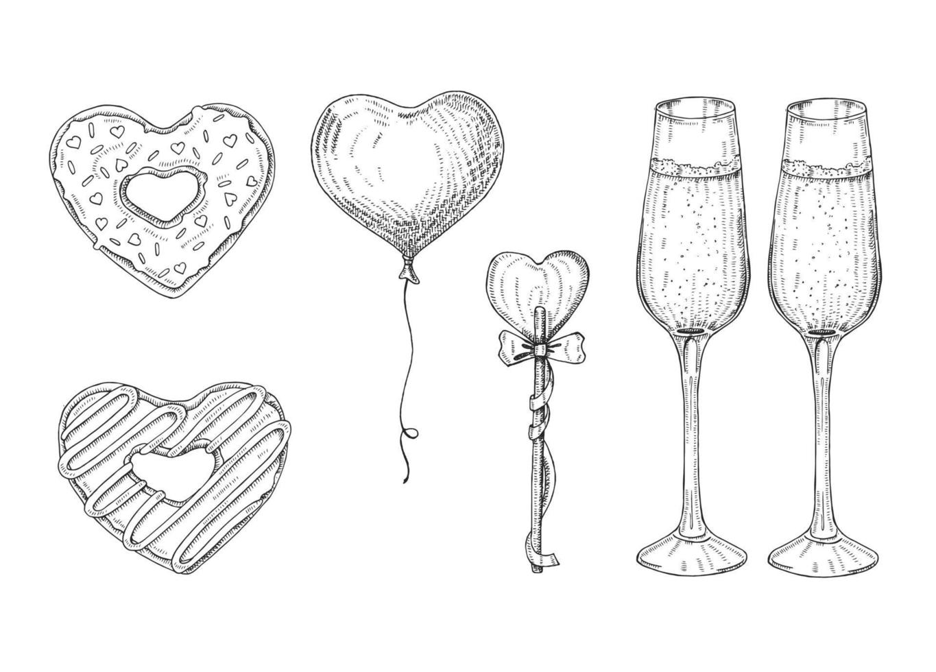 Valentijnsdag set met doodle handgetekende objecten in schets stijl-lolly, geglazuurde donut, glas champagne. hartvormige voorwerpen. symbolen voor Valentijnsdag vector