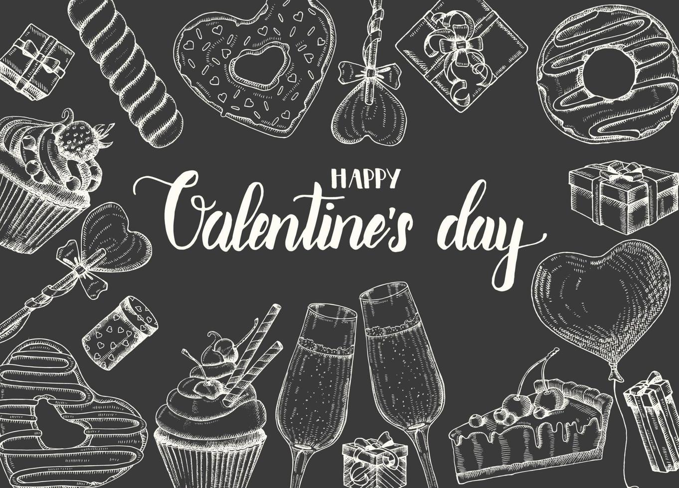 Valentijnsdag achtergrond met doodle handgetekende objecten in schets stijl-lolly, geglazuurde donut, glas champagne, geschenkdozen, taart en cupcake. happy Valentijnsdag - belettering kalligrafie zin vector