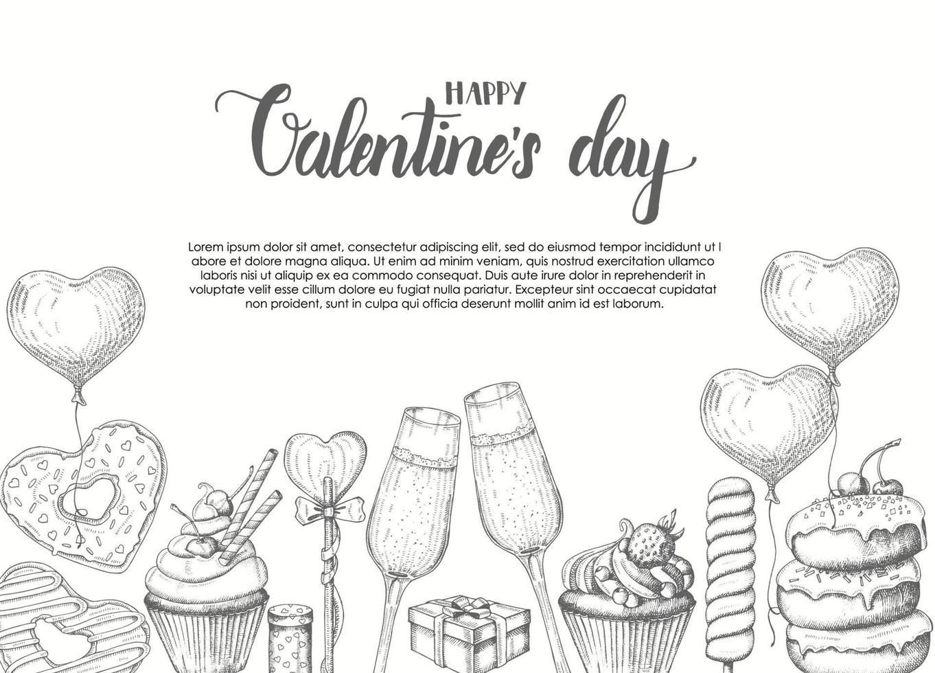 Valentijnsdag achtergrond met doodle handgetekende objecten in schets stijl-lolly, geglazuurde donut, glas champagne, geschenkdozen, taart en cupcake. happy Valentijnsdag - belettering kalligrafie zin vector