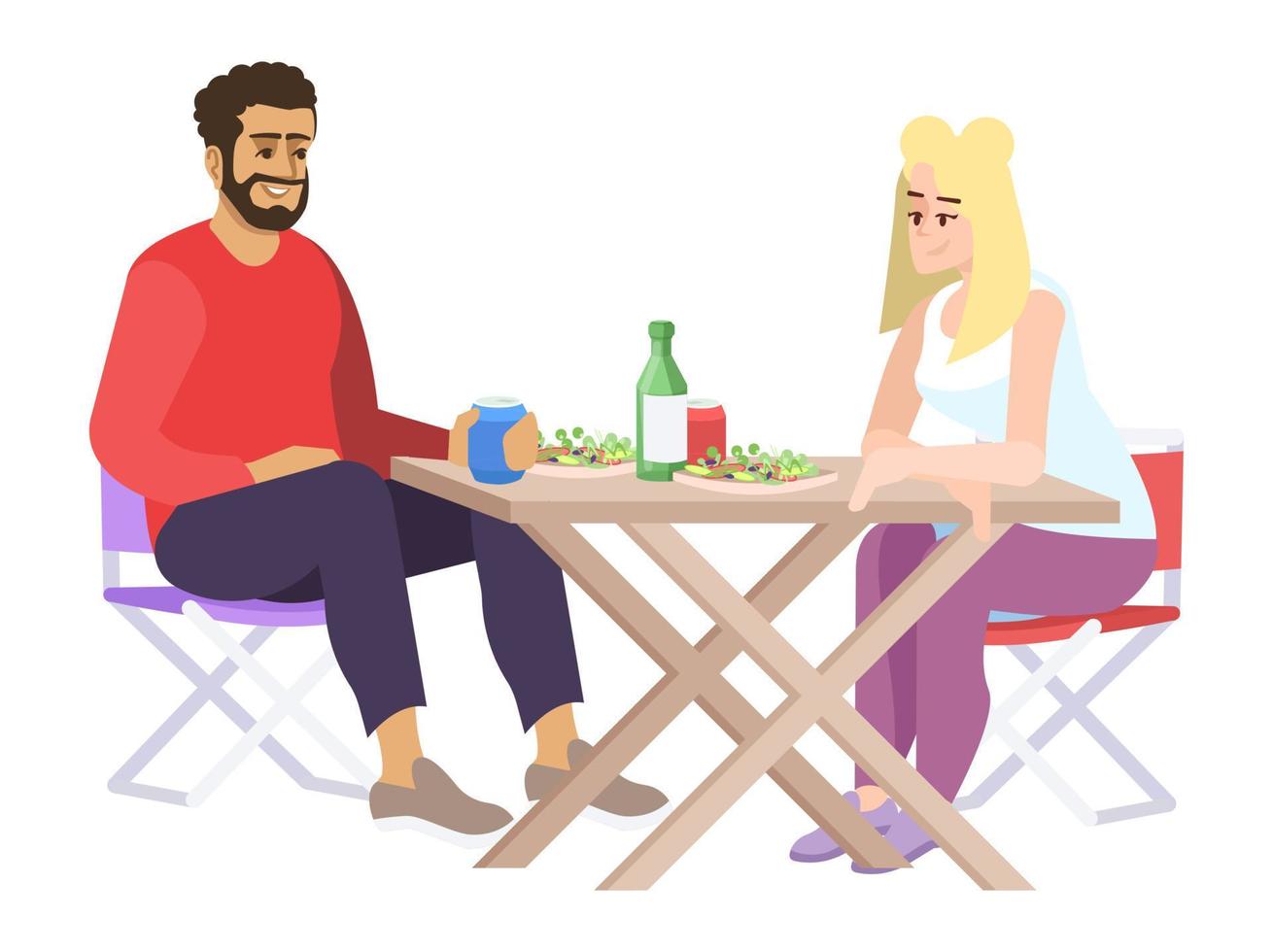 man en vrouw tijdens de lunch platte vectorillustratie. coupe van mensen, eten en drinken, klapstoelen, tafel. leuke jongen en meisje op straat eten café ontmoeten geïsoleerde stripfiguren op een witte achtergrond vector