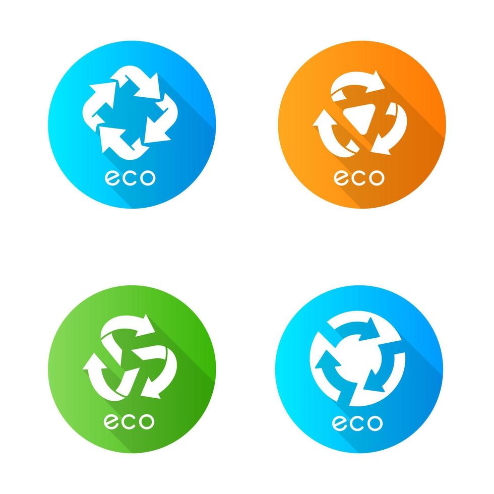 eco labels blauwe platte ontwerp lange schaduw glyph pictogrammen instellen. pijlen tekenen. symbolen recyclen. alternatieve energie. milieubescherming emblemen. organische producten. vector silhouet illustratie