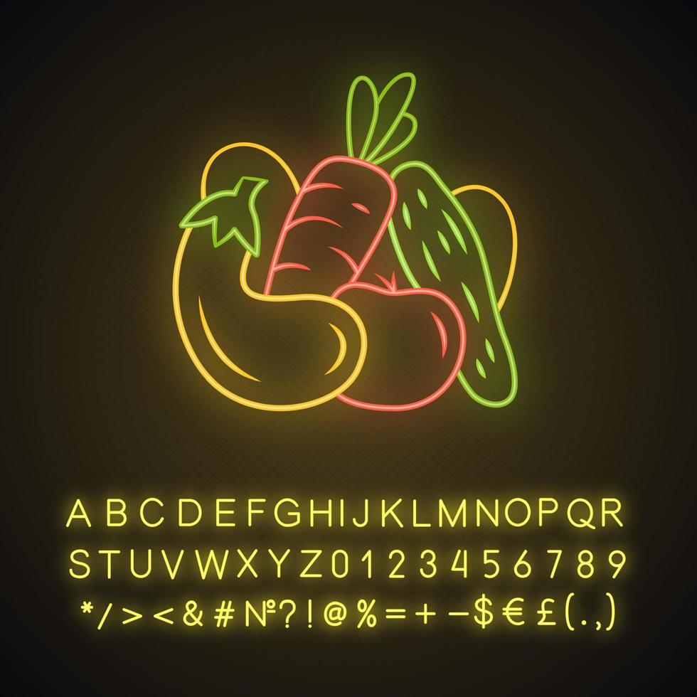 groenten neon licht icoon. komkommer, tomaat, wortel. gezonde voeding. vegetarisch, veganistisch eten. landbouw planten. gloeiend bord met alfabet, cijfers en symbolen. vector geïsoleerde illustratie