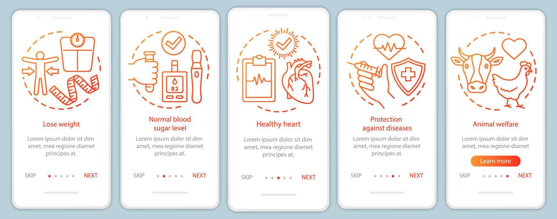 vegan voordelen onboarding mobiele app pagina scherm vector sjabloon. vegetarische levensstijl komt ten goede aan walkthrough website-stappen met lineaire illustraties. ux, ui, gui smartphone-interfaceconcept