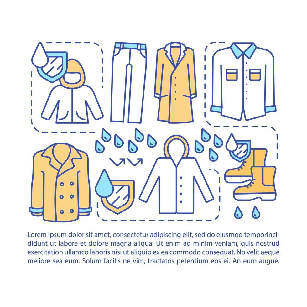 waterdichte kleding artikel pagina vector sjabloon. brochure, tijdschrift, boekje ontwerpelement met lineaire pictogrammen en tekstvakken. hydrofobe stof. print ontwerp