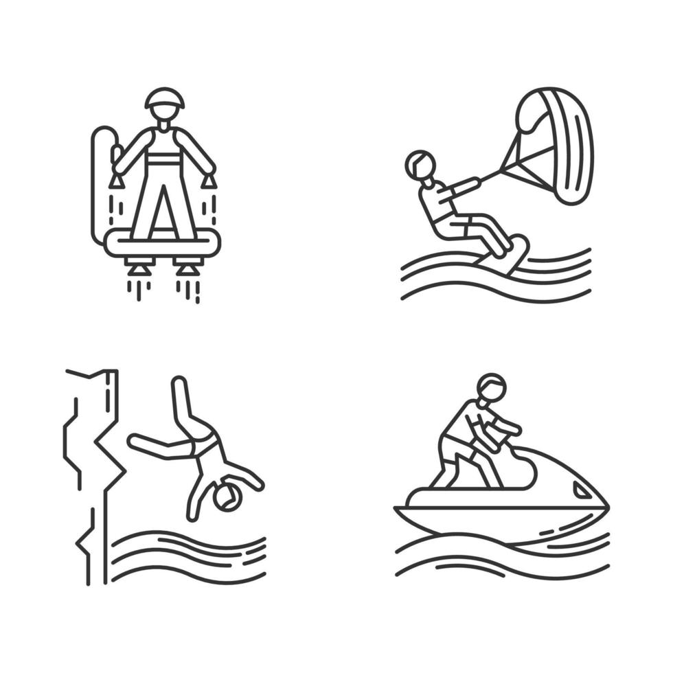 watersport lineaire pictogrammen instellen. flyboarden, kiteboarden, klifduiken en jetskiën. extreme sporten. dunne lijn contour symbolen. geïsoleerde vectoroverzichtsillustraties. bewerkbare streek vector