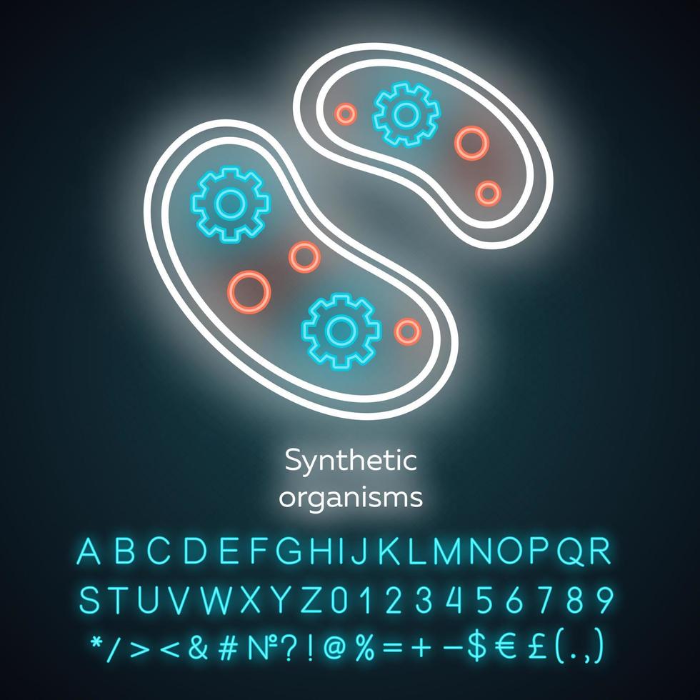 neonlichtpictogram van synthetische organismen. technische bacteriën. eencellige organismen. protozoën. bio-engineering. gloeiend bord met alfabet, cijfers en symbolen. vector geïsoleerde illustratie