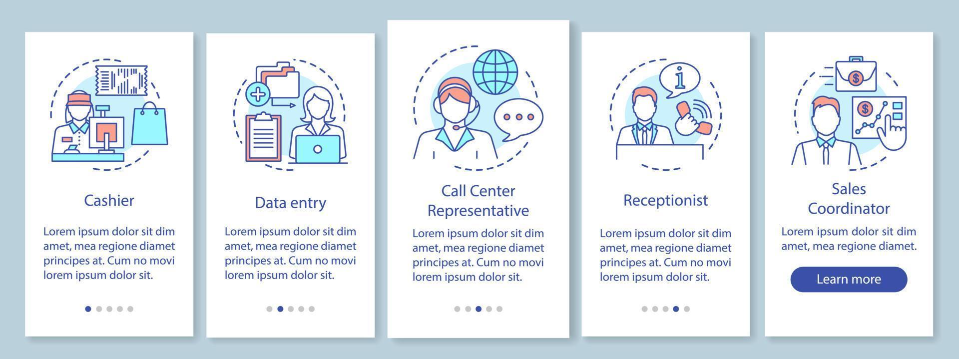 het vinden van parttime banen onboarding mobiele app paginascherm met lineaire concepten. receptioniste, verkoopcoördinator doorloopstappen grafische instructies. ux, ui, gui vectorsjabloon met illustraties vector