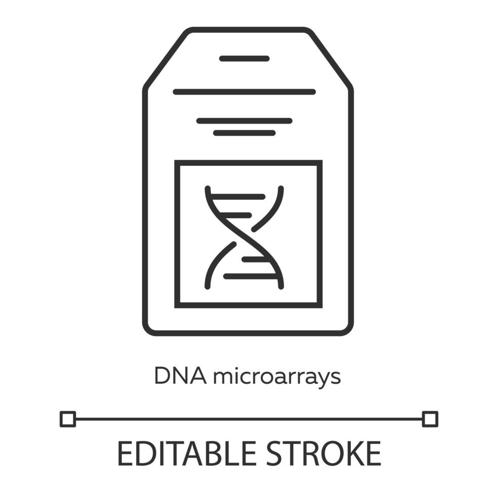 dna microarray lineaire pictogram. dna-chip. microscopische verzameling van chromosoomvlekken. biochip. bio-engineering. dunne lijn illustratie. contour symbool. vector geïsoleerde overzichtstekening. bewerkbare streek