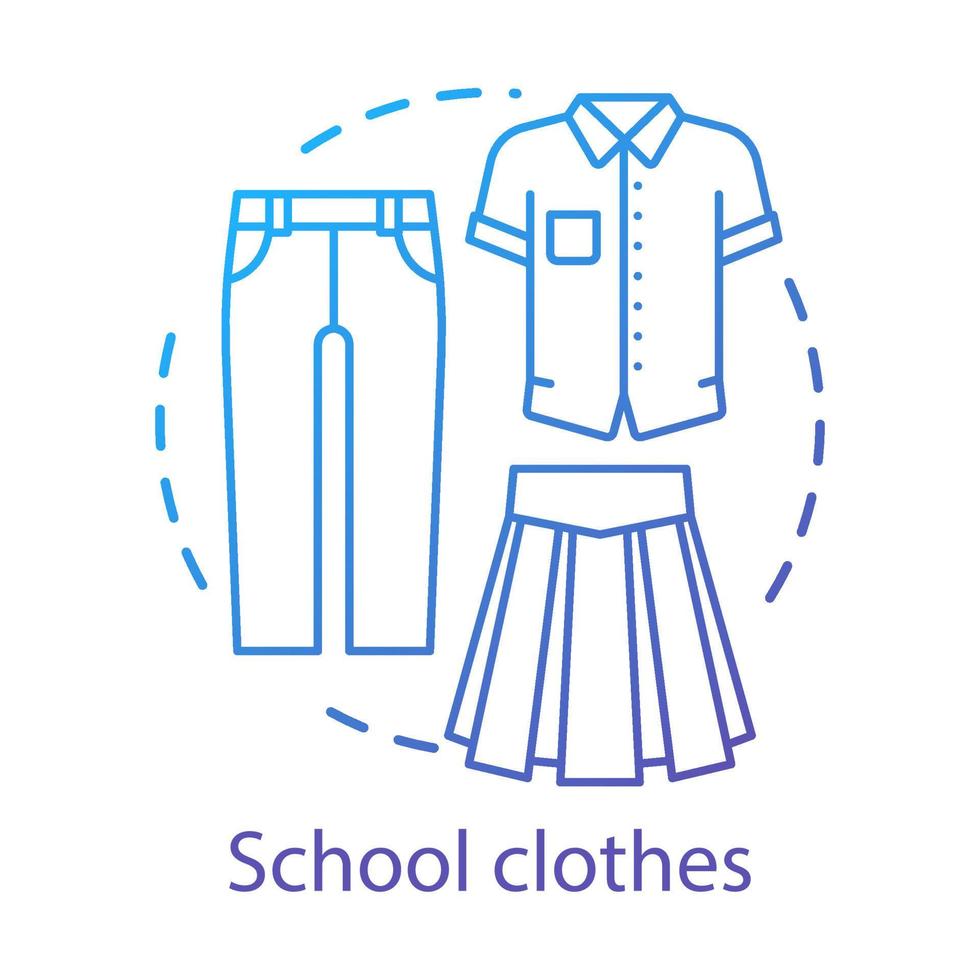 schooluniform, kleding concept icoon. elementaire klas student officiële mode idee dunne lijn illustratie. formele kleding voor mannen en vrouwen. t-shirt, broek en lange rok vector geïsoleerde overzichtstekening