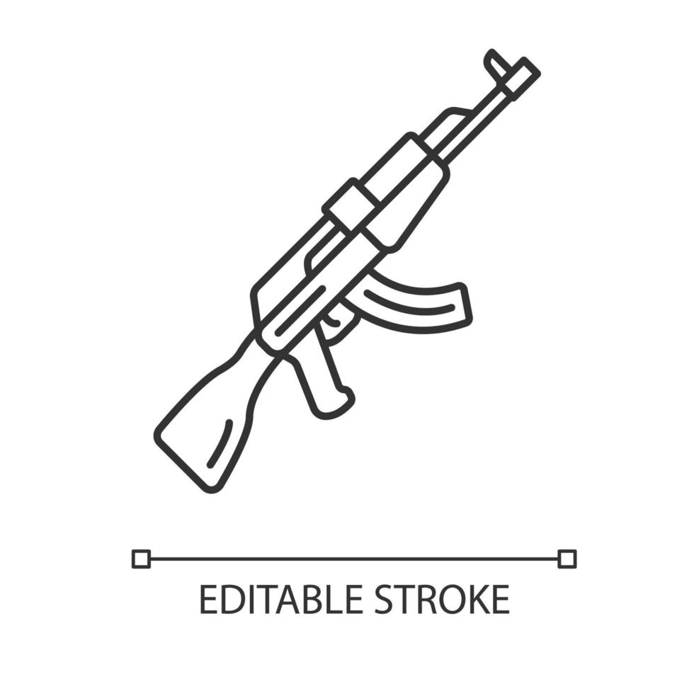 akm wapen lineaire pictogram. virtueel spel vuurwapen, pistool. schietspel geweer. cybersport, esport sniper militaire inventaris. dunne lijn illustratie. contour vector geïsoleerde overzichtstekening. bewerkbare streek