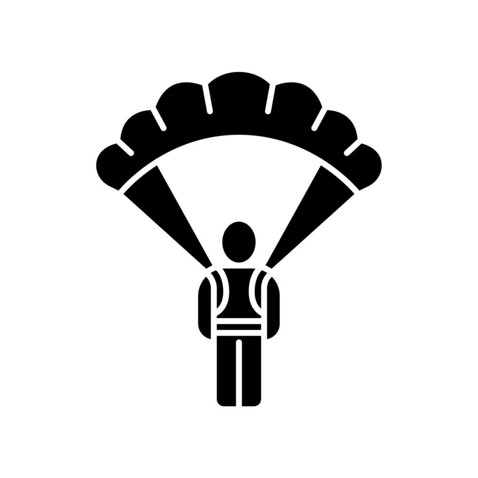 parachute skydiver glyph pictogram. inventaris van virtuele videogames. parachutespringen, parachutespringen. game-speler, krijger, soldaat met parachute. silhouet symbool. negatieve ruimte. vector geïsoleerde illustratie