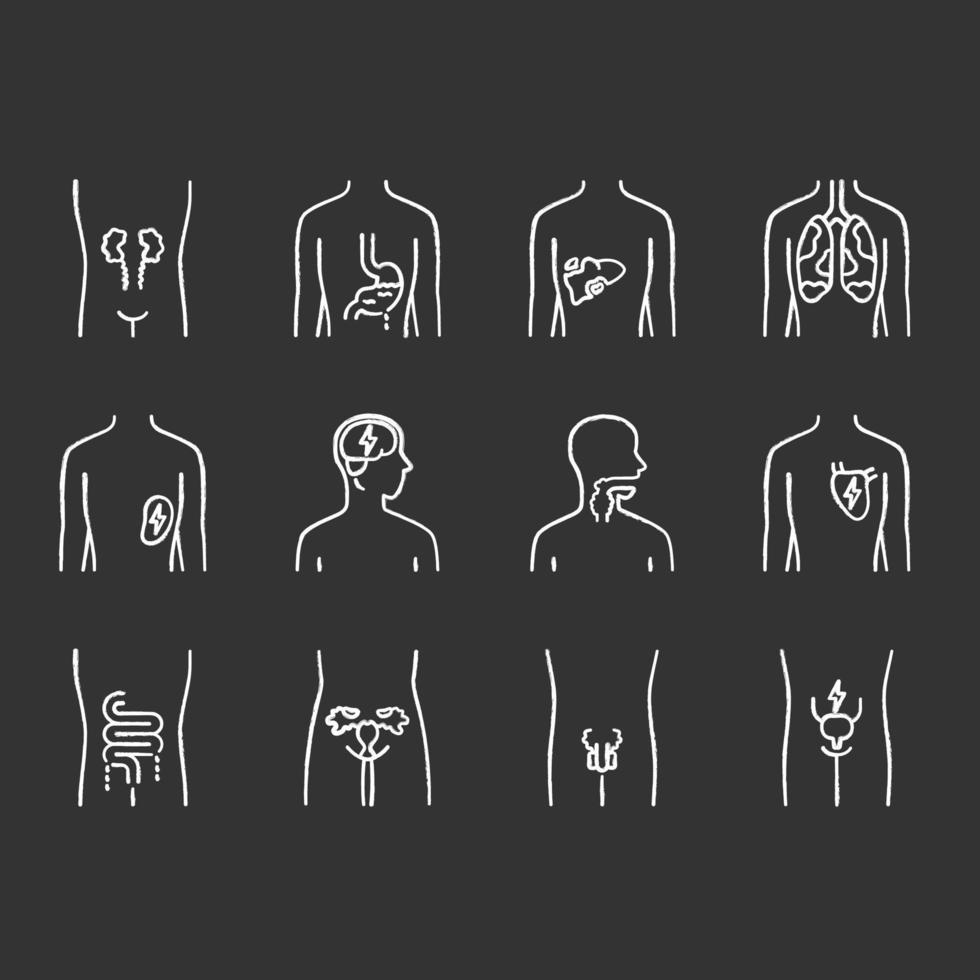 zieke menselijke organen krijt pictogrammen instellen. pijnlijk hart en longen. keelpijn en urineblaas. ongezonde lever en darmen. zieke interne lichaamsdelen. geïsoleerde vector schoolbord illustraties