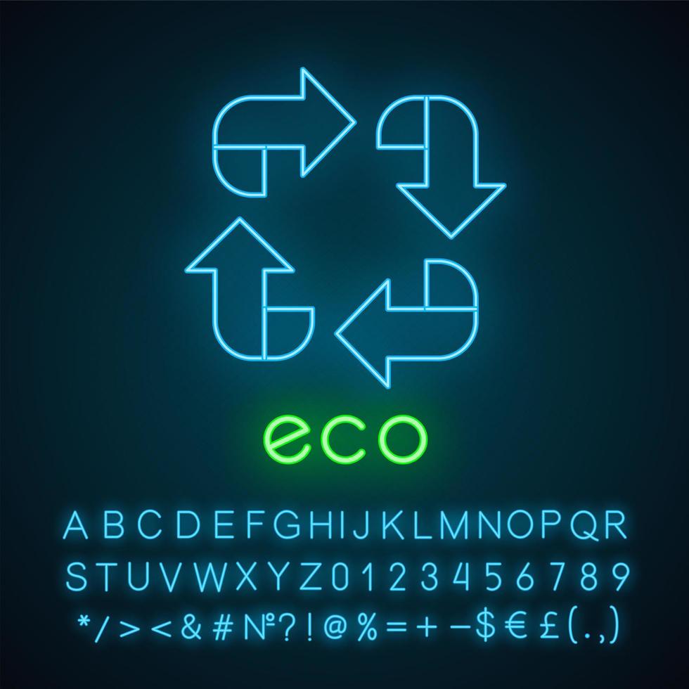 eco-label neonlichtpictogram. vier schuine pijltekens. recycle symbool. alternatieve energie. milieubescherming sticker. gloeiend bord met alfabet, cijfers en symbolen. vector geïsoleerde illustratie