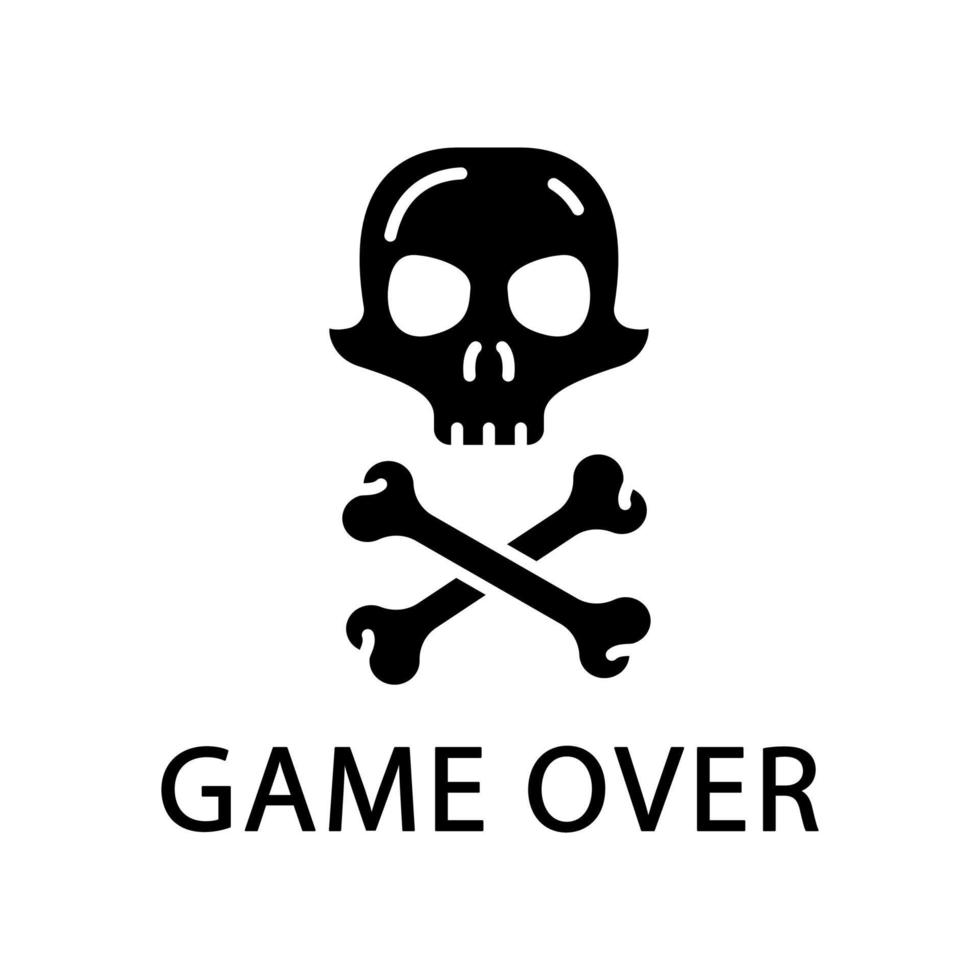 game over glyph-pictogram. virtuele videogame-niveau-afwerking, mislukking. schedel met gekruiste knekels. cybersport teken. computerspel mislukken, verliezer. silhouet symbool. negatieve ruimte. vector geïsoleerde illustratie