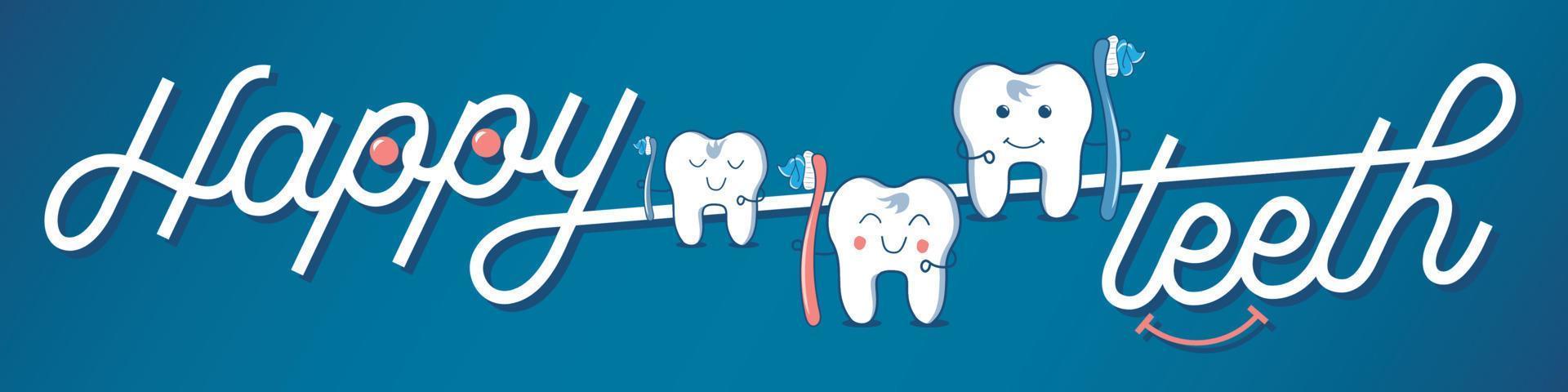gelukkige tanden mascotte, cartoon tanden met een tandenborstel. schattig tandenpoetsen cartoon met smileygezicht. tandheelkundige zorg concept. illustratie geïsoleerd op een gekleurde achtergrond. vector