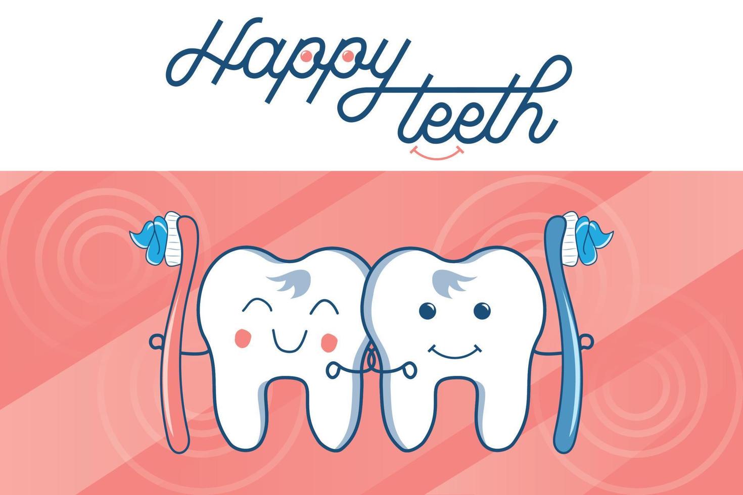 gelukkige tanden mascotte, cartoon tanden met een tandenborstel. schattig tandenpoetsen cartoon met smileygezicht. tandheelkundige zorg concept. illustratie geïsoleerd op een gekleurde achtergrond. vector