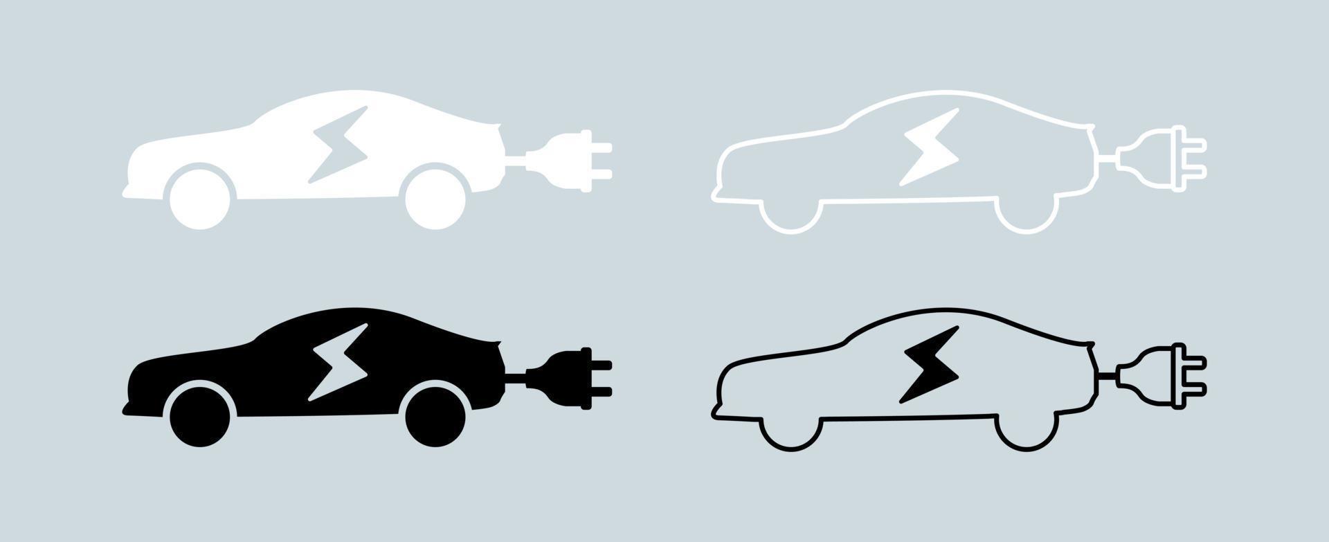 elektrische auto met stekkerpictogram symbool in zwarte en witte kleuren. elektrisch voertuig vector pictogram.