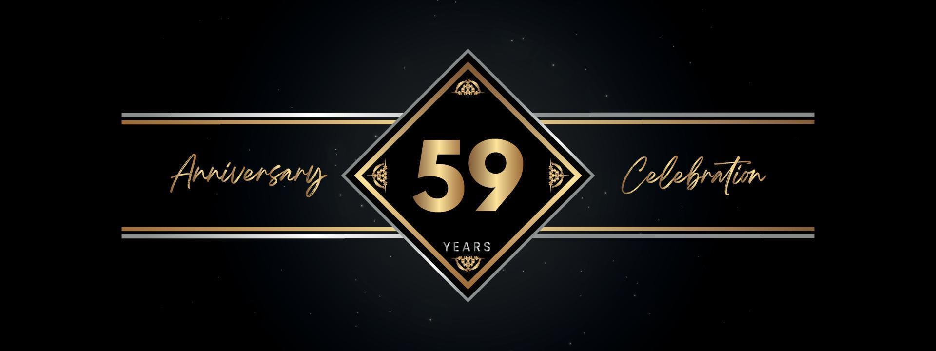 59 jaar gouden jubileumkleur met Decoratief frame geïsoleerd op zwarte achtergrond voor jubileumfeest, verjaardagsfeestje, brochure, wenskaart. 59 jarig jubileum sjabloonontwerp vector