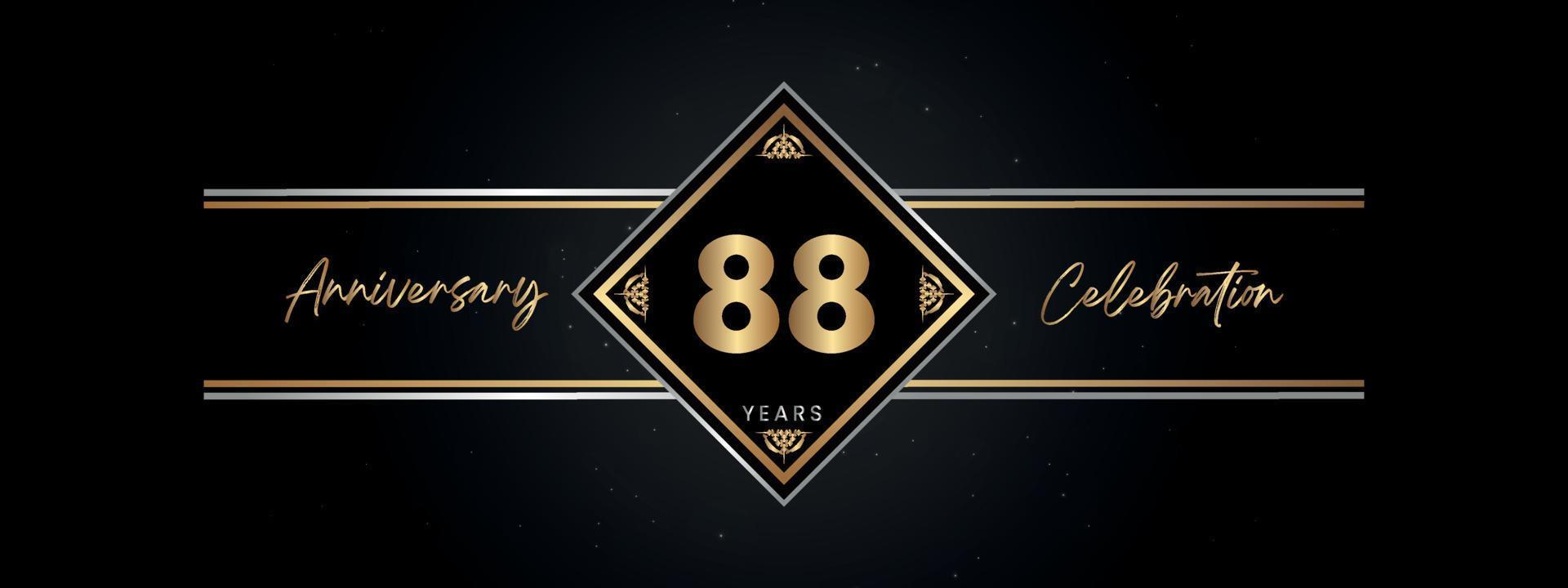 88 jaar gouden jubileumkleur met Decoratief frame geïsoleerd op zwarte achtergrond voor jubileumfeest, verjaardagsfeestje, brochure, wenskaart. Sjabloonontwerp 88 jaar jubileum vector