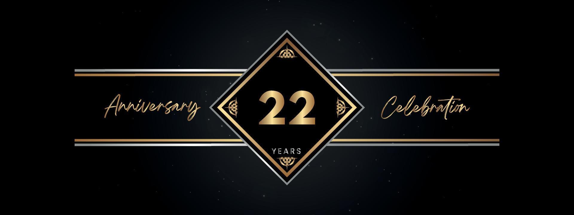 22 jaar gouden jubileumkleur met Decoratief frame geïsoleerd op zwarte achtergrond voor jubileumfeest, verjaardagsfeestje, brochure, wenskaart. 22-jarig jubileum sjabloonontwerp vector