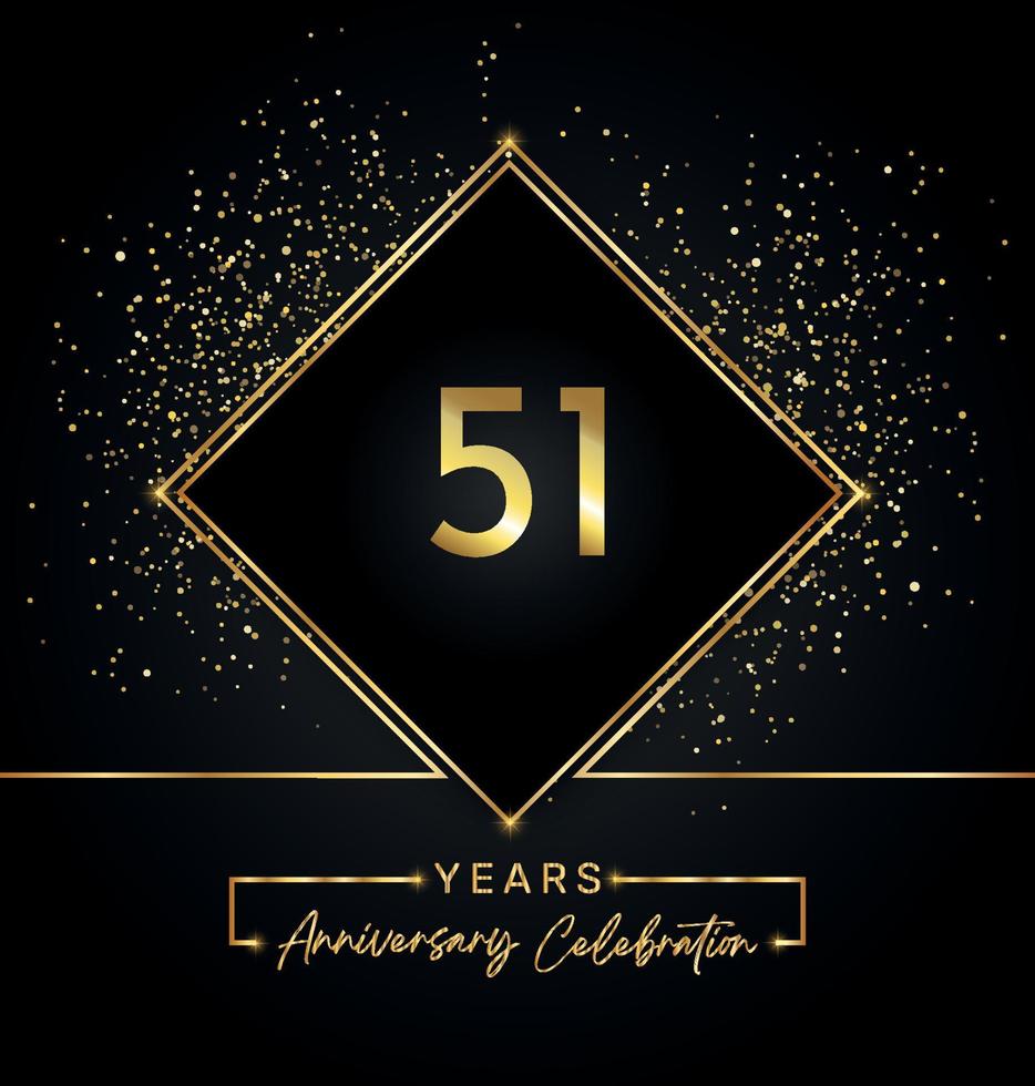 51 jaar Jubileumfeest met gouden frame en gouden Glitters op zwarte achtergrond. vectorontwerp voor wenskaart, verjaardagsfeestje, bruiloft, evenementfeest, uitnodiging. 51 jaar jubileumlogo. vector