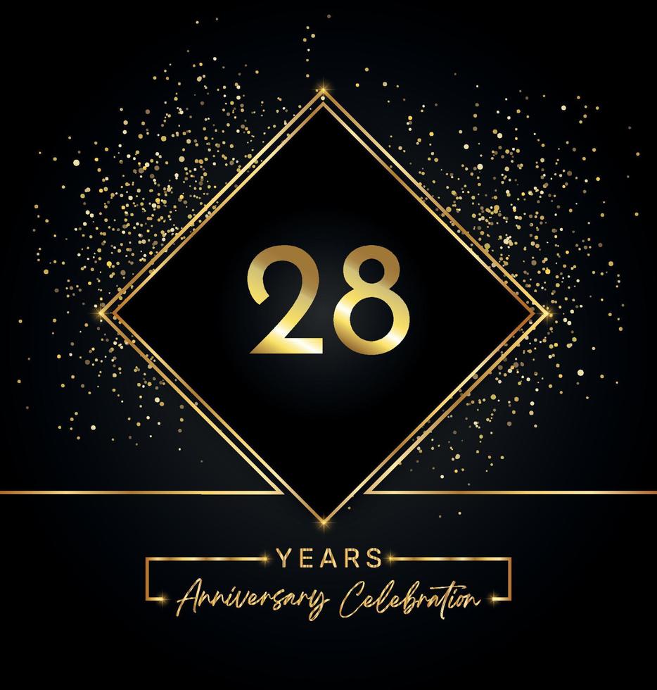 28 jaar Jubileumfeest met gouden frame en gouden Glitters op zwarte achtergrond. vectorontwerp voor wenskaart, verjaardagsfeestje, bruiloft, evenementfeest, uitnodiging. 28 jaar jubileumlogo. vector