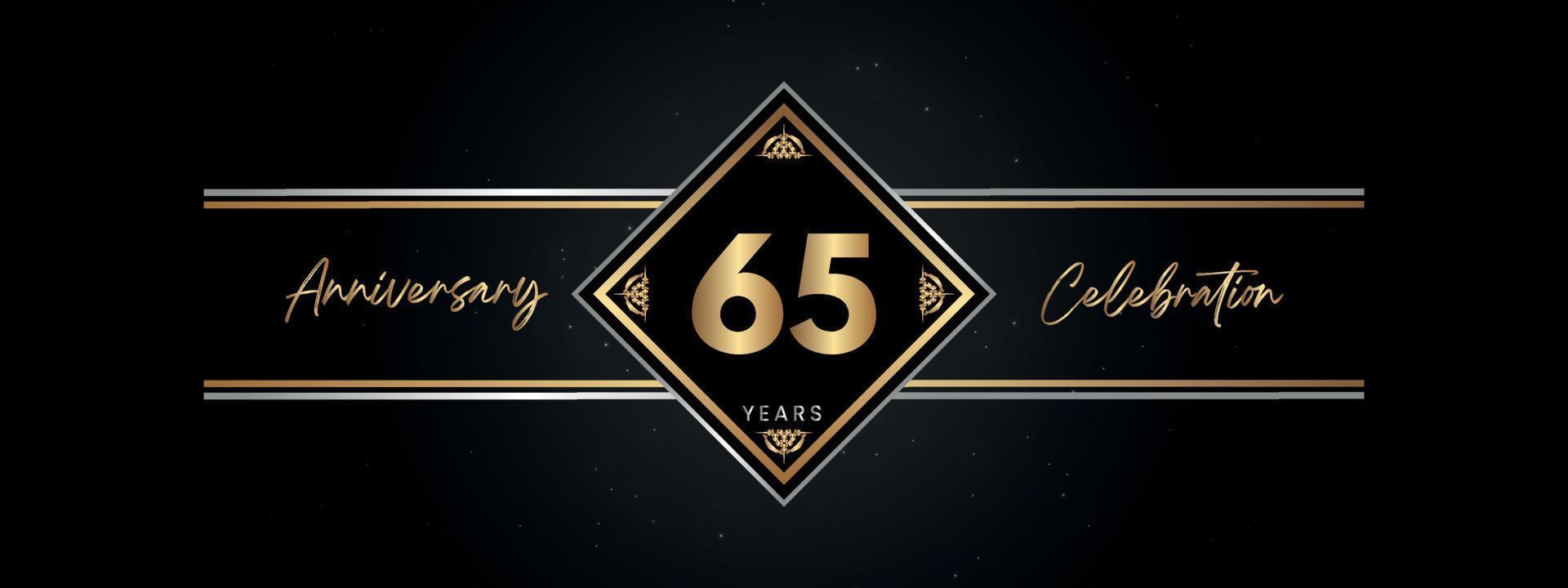 65 jaar gouden jubileumkleur met Decoratief frame geïsoleerd op zwarte achtergrond voor jubileumfeest, verjaardagsfeestje, brochure, wenskaart. 65-jarig jubileum sjabloonontwerp vector