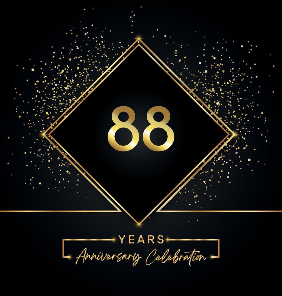 88 jaar Jubileumfeest met gouden frame en gouden Glitters op zwarte achtergrond. vectorontwerp voor wenskaart, verjaardagsfeestje, bruiloft, evenementfeest, uitnodiging. 88 jaar jubileumlogo. vector